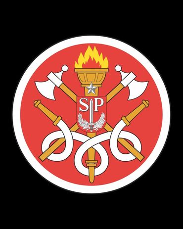 Firefighter emblem with axes, torch, and hose on red background.