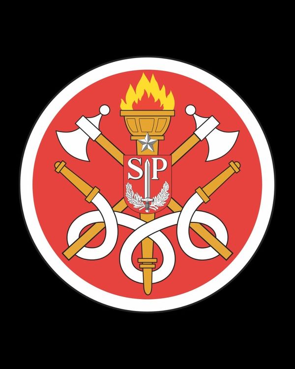 Firefighter emblem with axes, torch, and hose on red background.