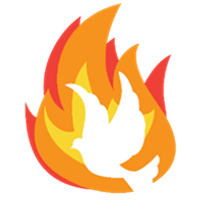 White dove silhouette inside vibrant orange and red flames.