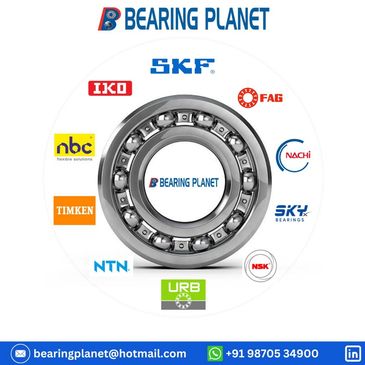 Various bearing brand logos surrounding a ball bearing image.
