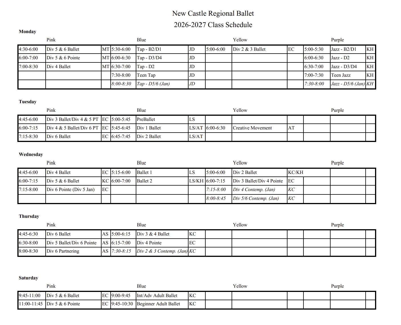 2026–27 New Castle Regional Ballet class schedule