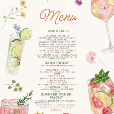 Elegant cocktail menu with floral and fruit illustrations.