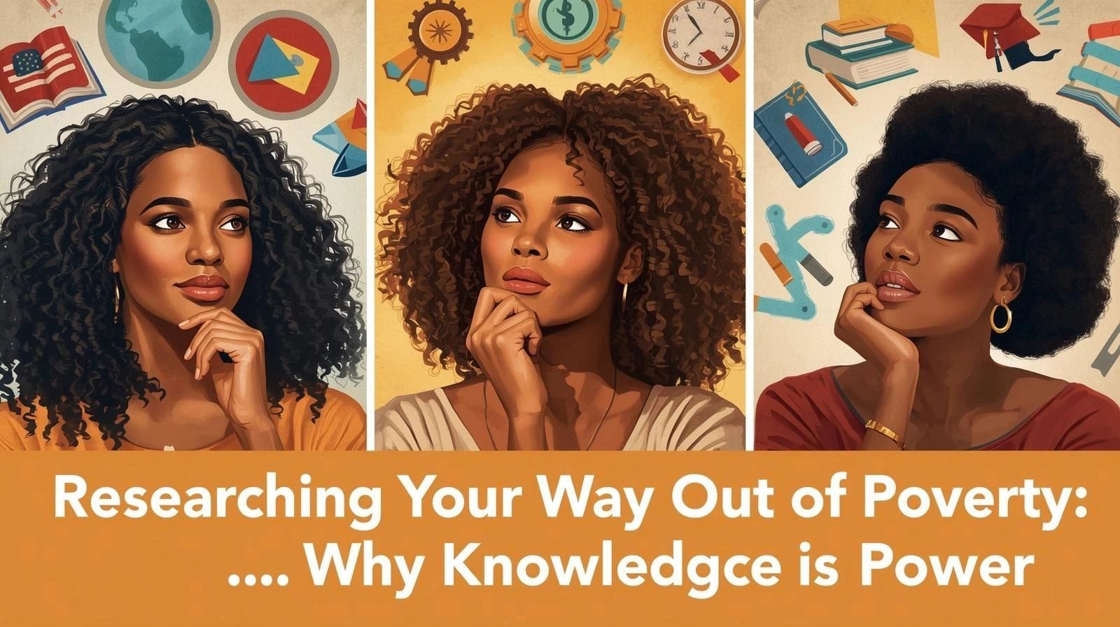 Three thoughtful women with educational symbols and a motivational message about knowledge and poverty.