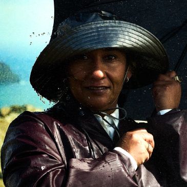 Person wearing a raincoat and hat, holding an umbrella in the rain.