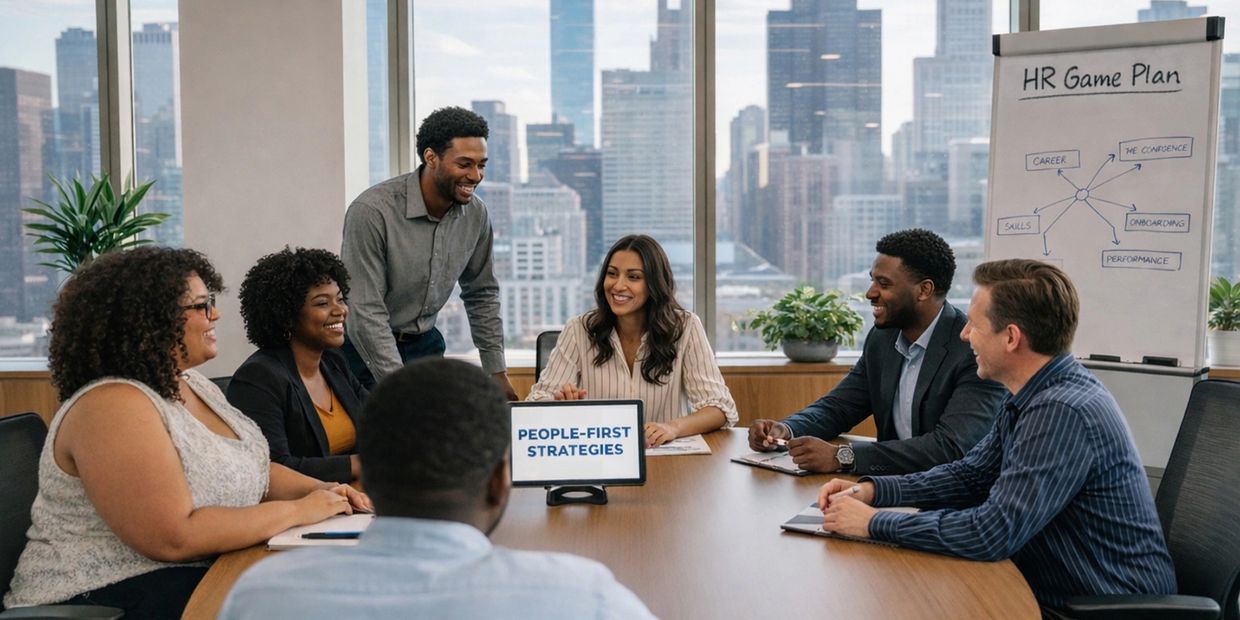 HR consulting team meeting discussing people operations strategy and employee development in a Chica