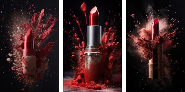 Three red lipsticks exploding with vibrant powder bursts on a dark background.