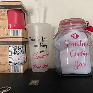 Cups and jars made for teachers and family 