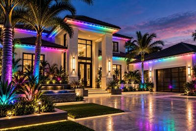 Modern house with colorful exterior lights at dusk.