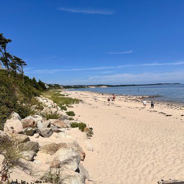 Sunny beach with people relaxing and walking near the calm ocean under a clear blue sky.