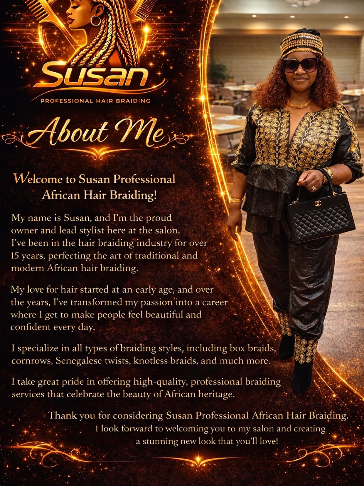 Susan, expert in African hair braiding, offers professional and high-quality braiding services.