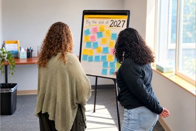 Two women review sticky notes posted on white chart paper in a conference room. Light enters right.