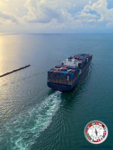 A large container ship sails in calm ocean waters under a cloudy sky.
