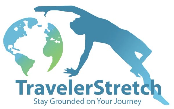 Logo of TravelerStretch with a stretching figure and globe.