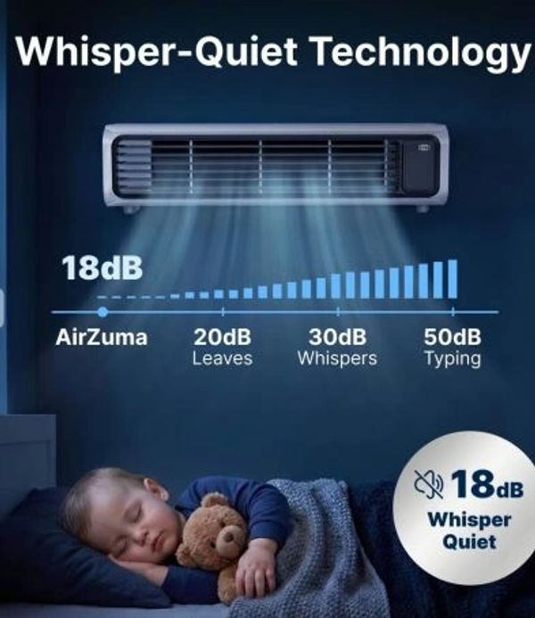 Quiet AirZuma device with 18dB noise level, whisper-quiet technology.
