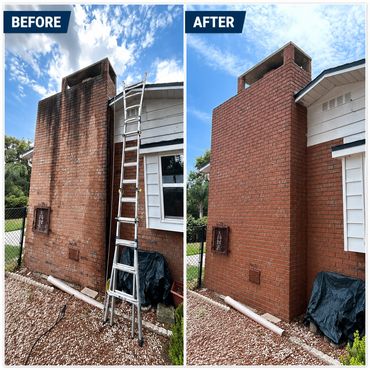 Before and after of an exterior chimney that had built up algae and soot.