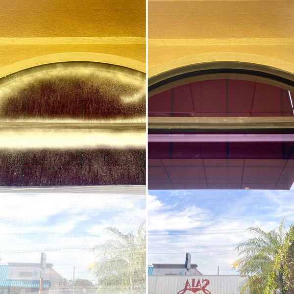 Before and after commercial window cleaning.