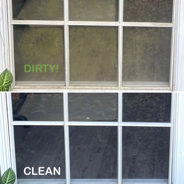 Transformation of a window that is dirty and then after when it has been cleaned by Shine. 
