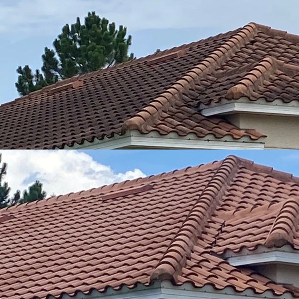 Before and after of a barrel tile roof having been cleaned with soft wash and restored to red color