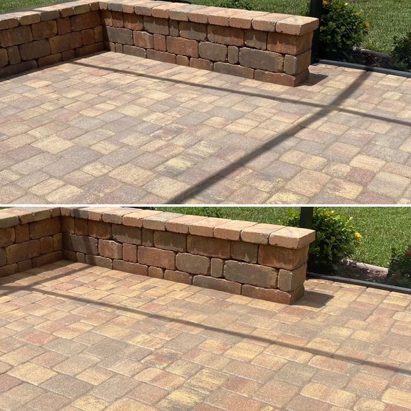 Soft pressure wash of pavers and a fresh sand and seal before and after images.