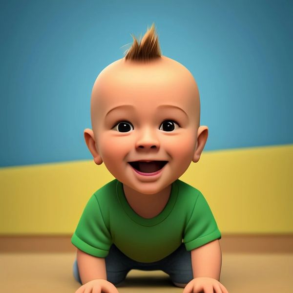 Infant with a mohawk hairstyle wearing a green shirt, smiling and looking playful.