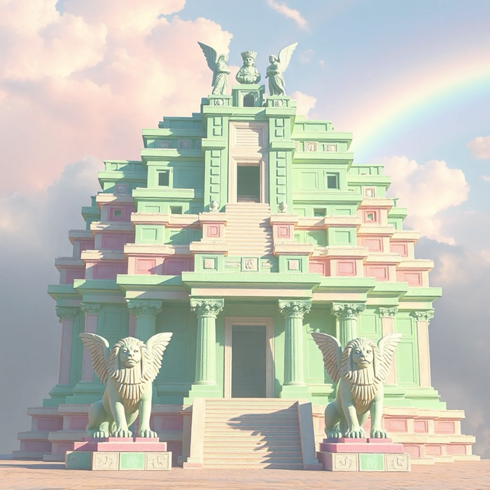 Colorful ancient temple with winged lion statues under a rainbow and cloudy sky.