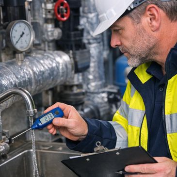 Engineer measuring water temperature from a pipe in an industrial setting.