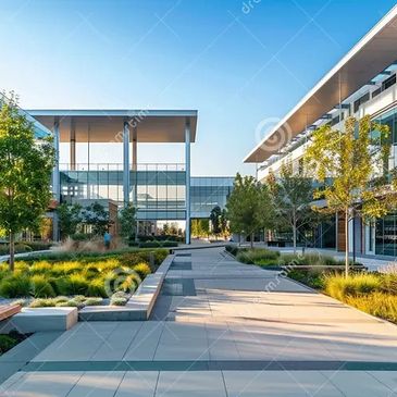 Modern office complex courtyard with greenery and clear blue sky.