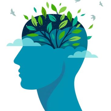Illustration of a human head with a tree growing inside, symbolizing mental growth and nature.