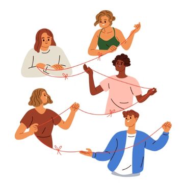 Illustration of five people connected by a red string symbolizing unity.