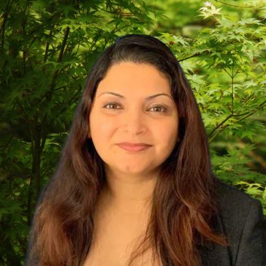 A colorful landscape featuring mountains, trees, and a clear blue sky.