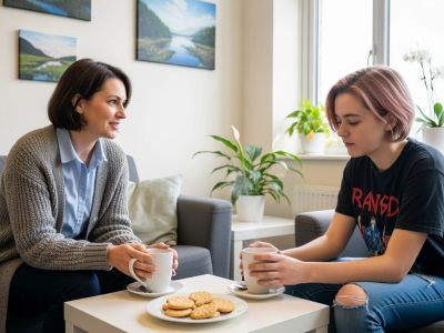 Two women having a conversation over coffee and cookies.