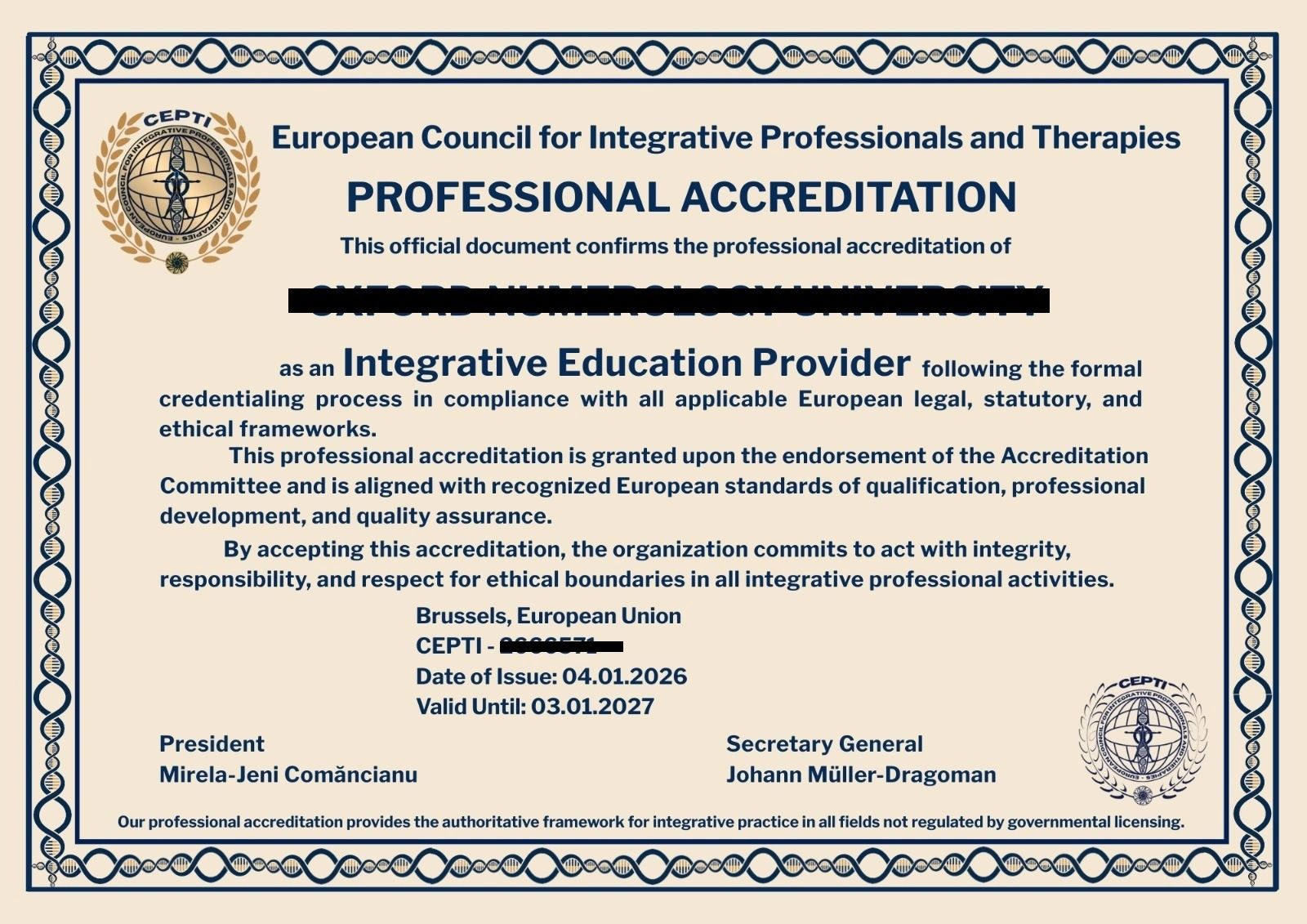 Professional accreditation certificate from European Council for Integrative Professionals and Therapies.