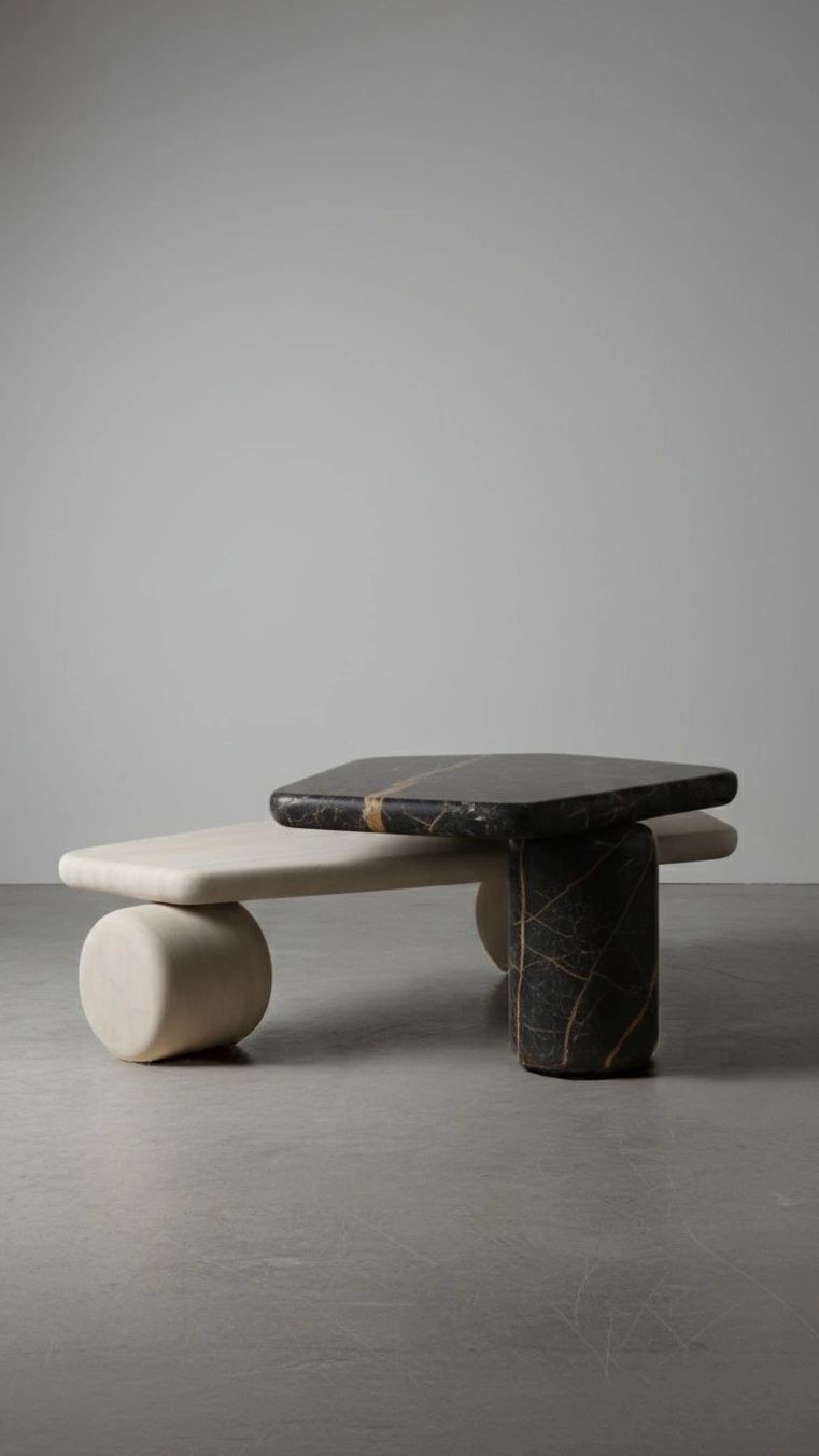 Modern minimalist coffee table with contrasting black and white marble surfaces.