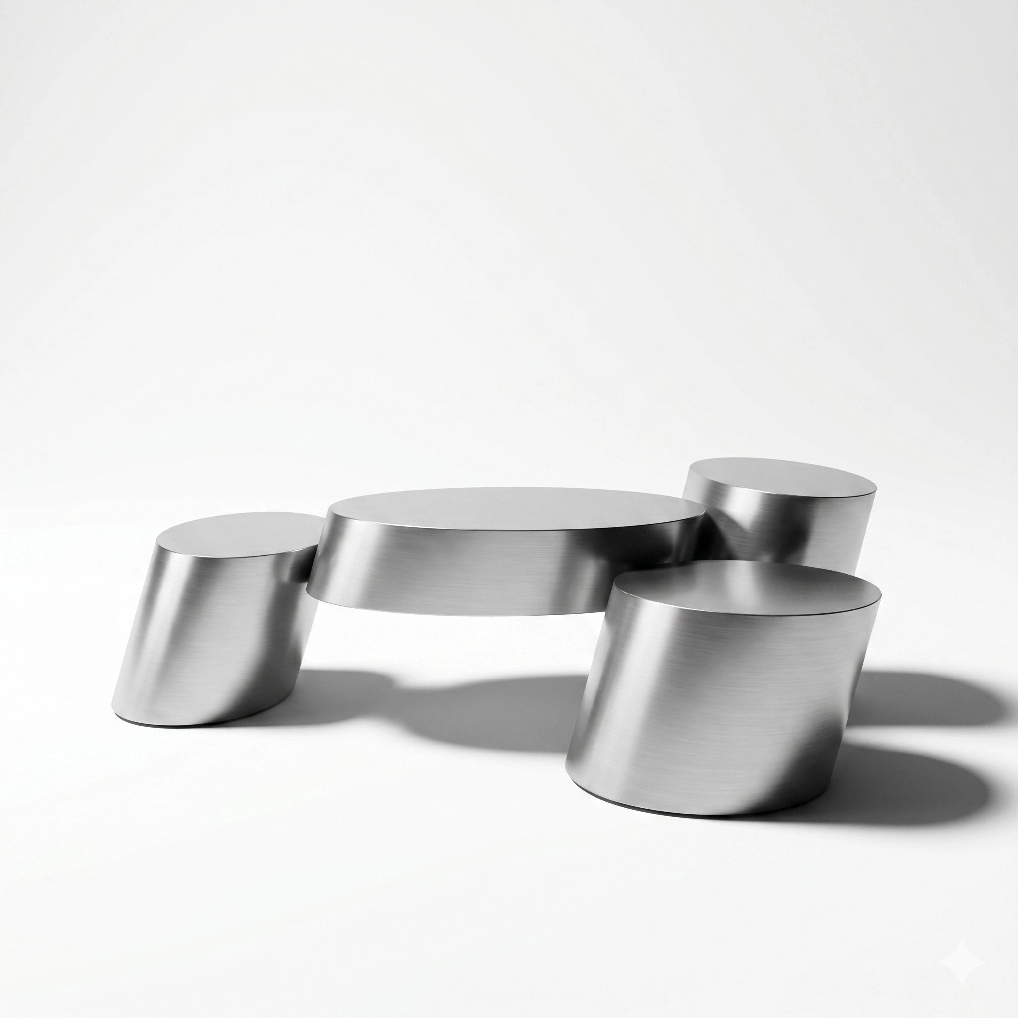 Modern metallic cylinders arranged in an abstract formation on a white background.