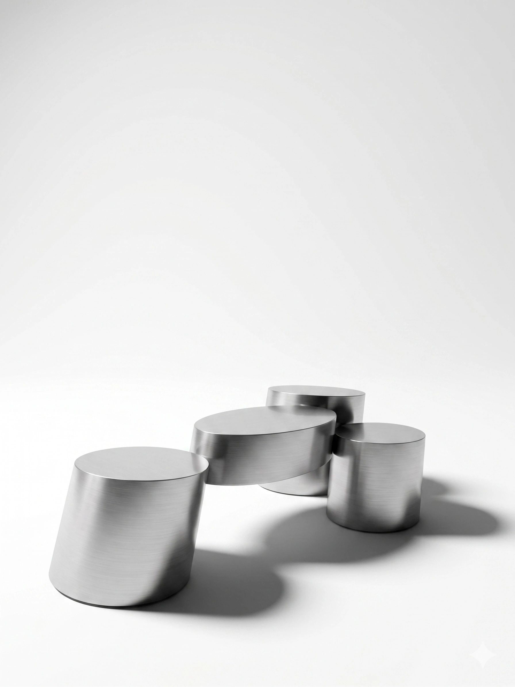 Four brushed metal cylindrical shapes arranged on a white surface casting shadows.