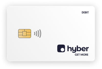 White Hyber debit card with chip and contactless symbol.