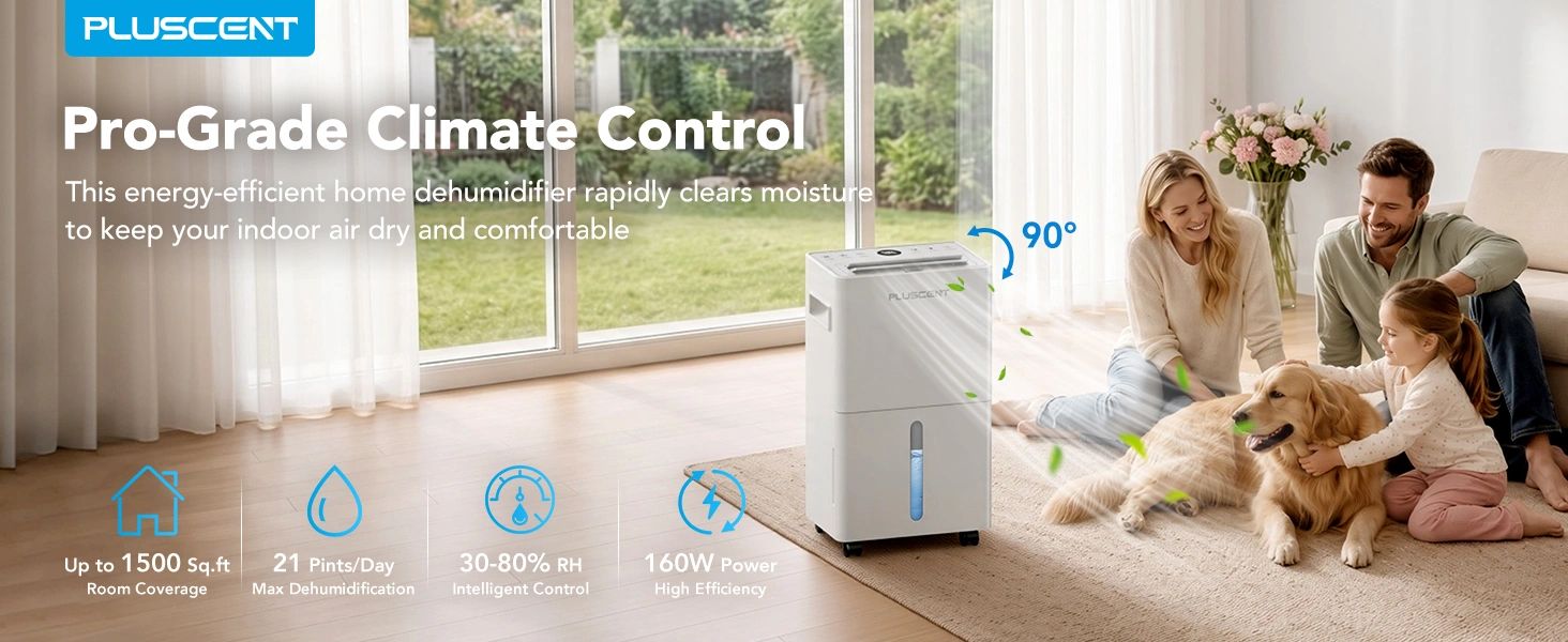 Home dehumidifier with family and dog in cozy living room.