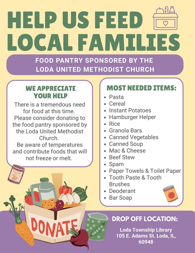 Food pantry donation drive for local families by Loda United Methodist Church.