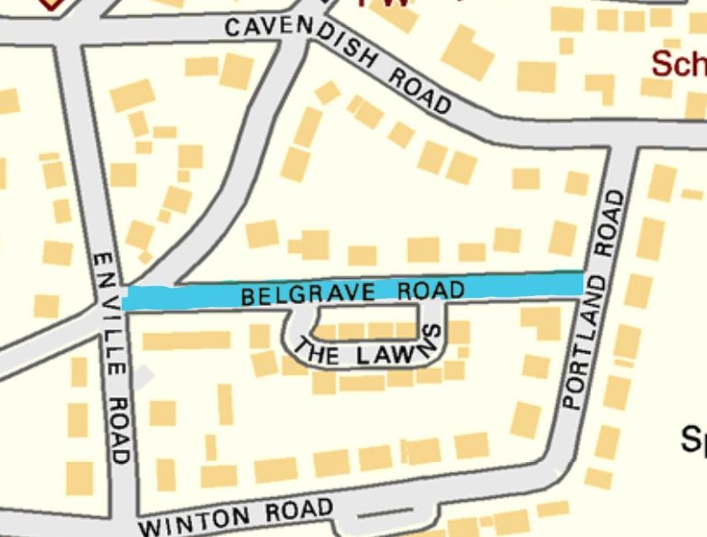 Map showing location of Belgrave Road, one of the streets of Bowdon