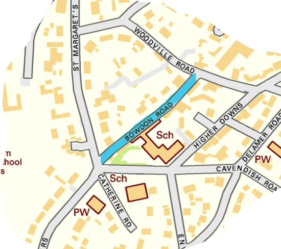 Map showing location of Bowdon Road, one of the streets of Bowdon