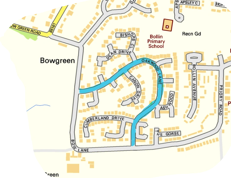 Mao showing location of Oakwood Lane, one of the streets of Bowdon