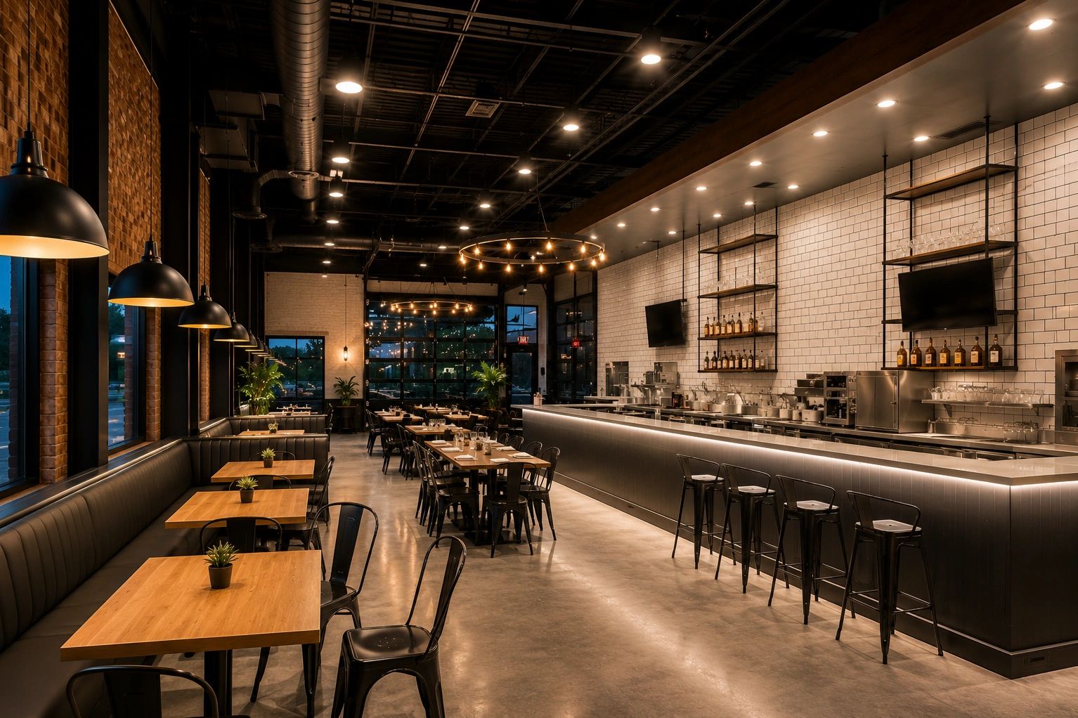 Modern restaurant with warm lighting and sleek black and wood furniture.