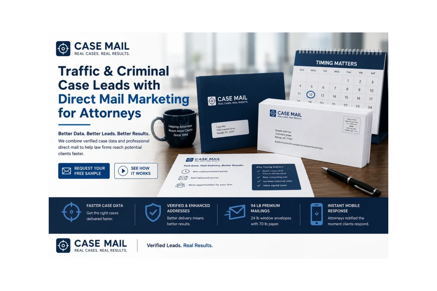 Case Mail attorney direct mail image with envelopes, timing calendar, and blue legal marketing theme