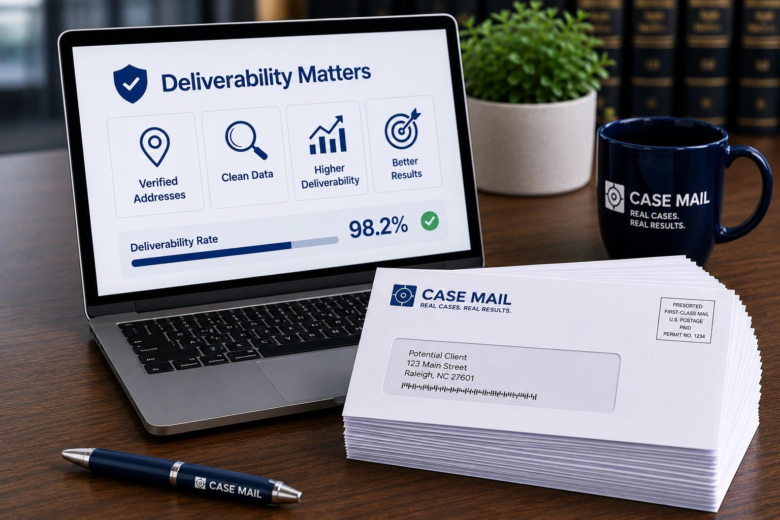 Attorney direct mail address verification concept showing improved mailing accuracy and deliverabili