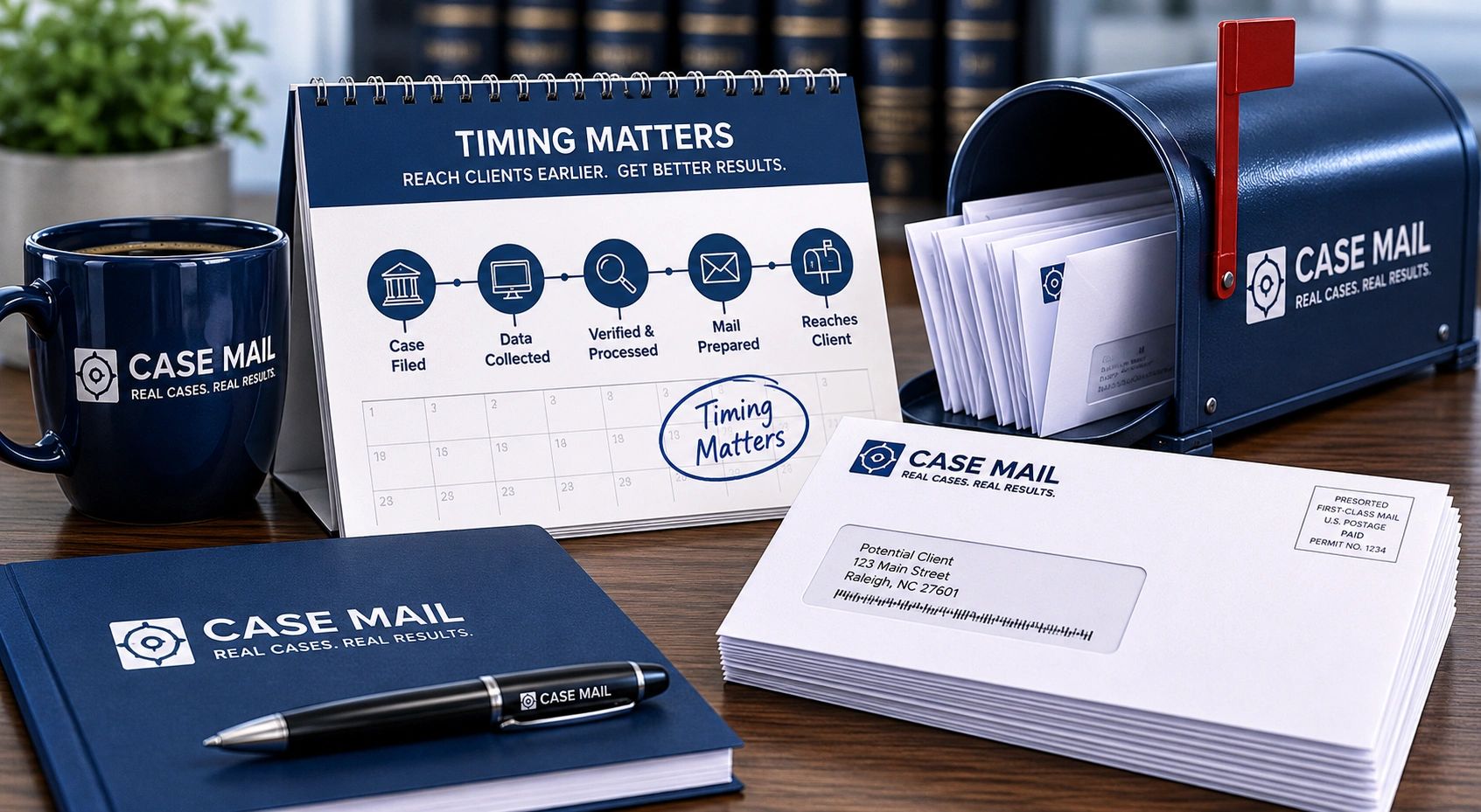 Attorney direct mail timing concept showing faster case delivery and improved response opportunities
