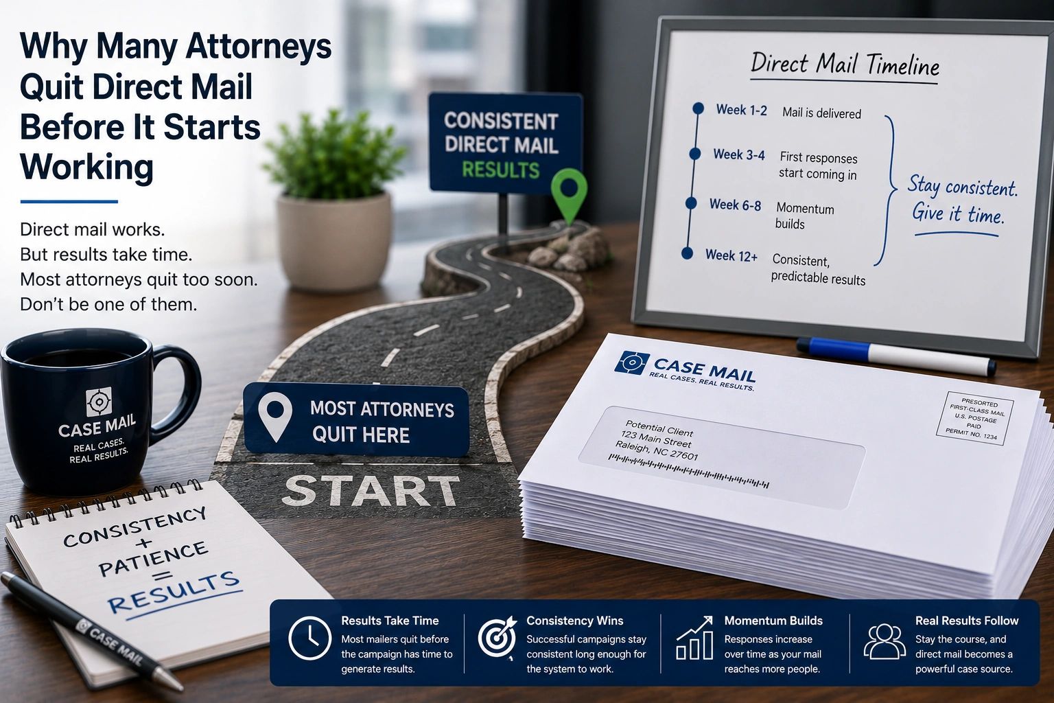 Attorney direct mail marketing timeline showing why consistent legal mail campaigns produce better l