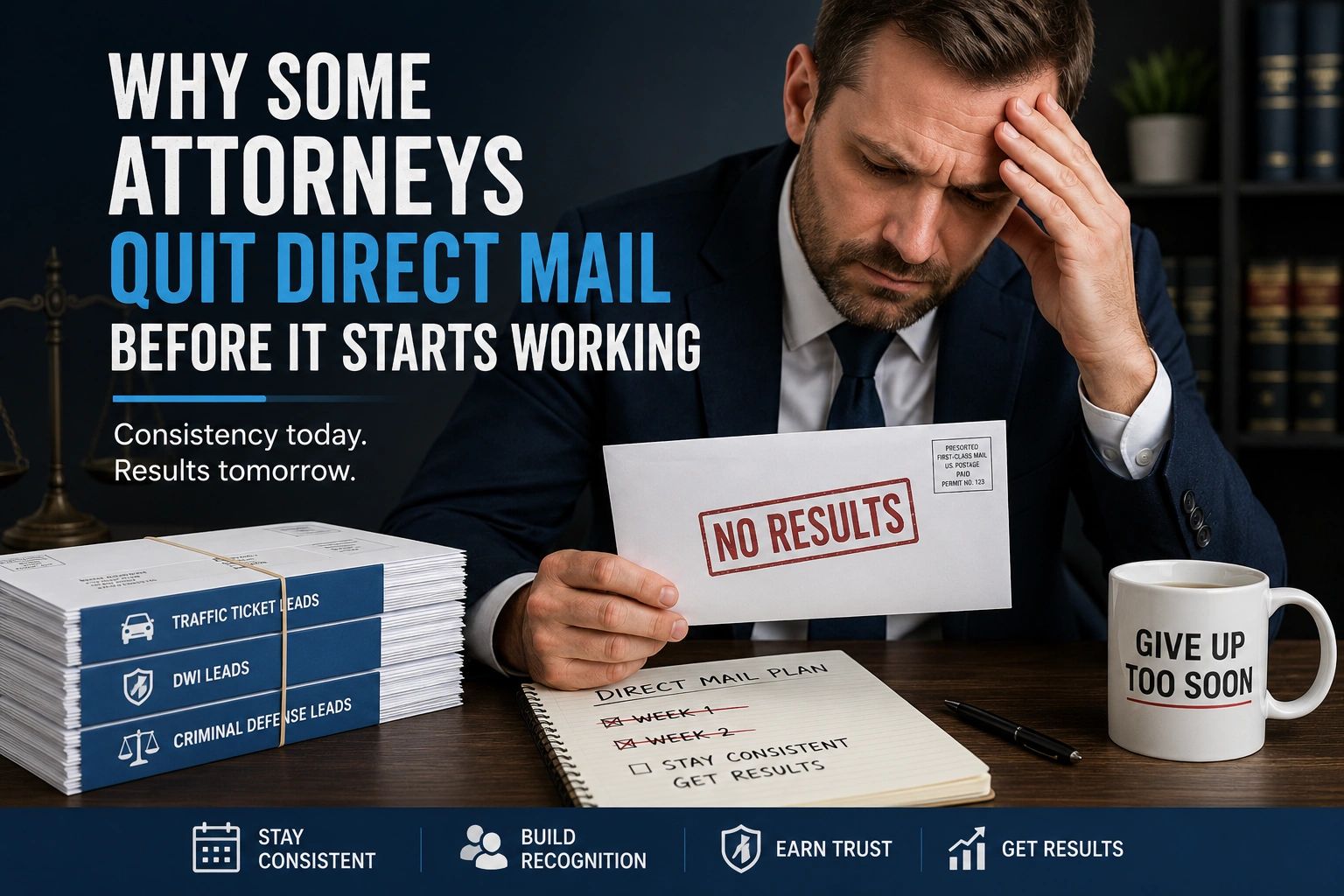 Attorney direct mail campaign consistency concept showing sustained case flow and long-term legal ma