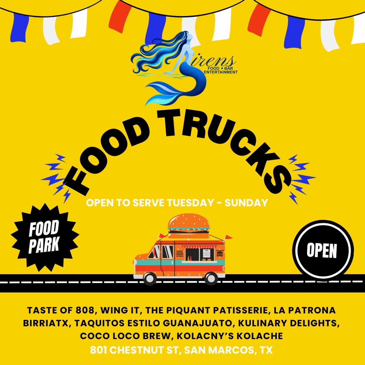 Food trucks event at 801 Chestnut St, San Marcos, TX, open Tue-Sun.
