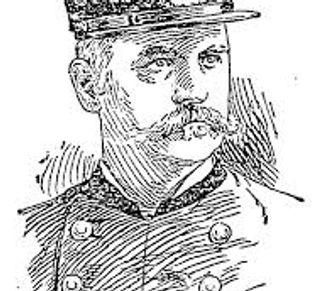 Black and white sketch of a man in a military uniform with a hat and mustache.