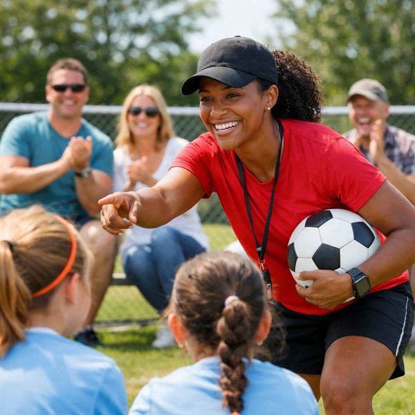 Soccer coach encouraging young players during a practice session outdoors.